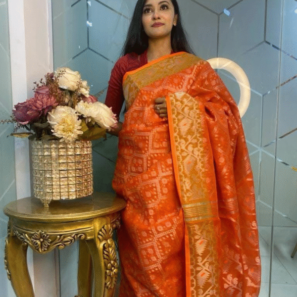 Bright Orange Jamdani Saree Unique Half Silk Color Pop