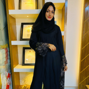 Chic Black Abaya with Floral Lace Detailing | Size 54