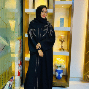 Elegant Black Abaya with Leafy Embroidery | Size 54