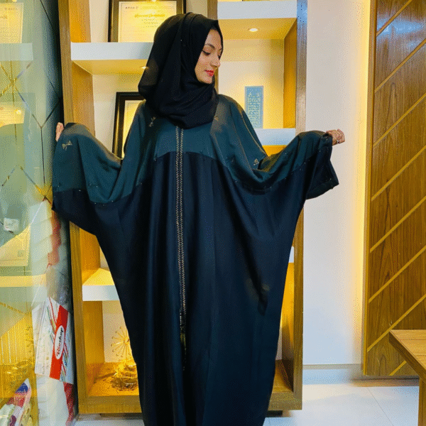 Elegant Two-Tone Black Abaya with Zipper Closure Embellished Design, Size 54